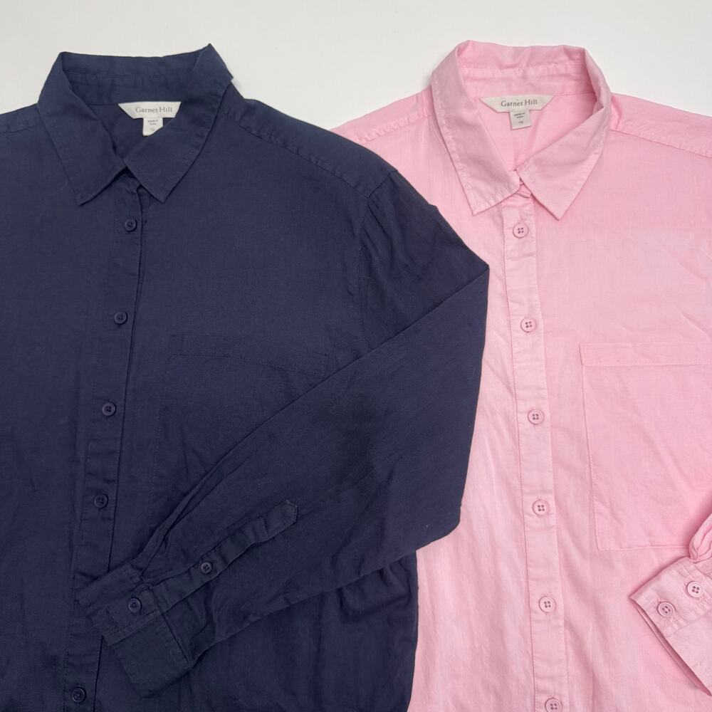 Garnet Hill Organic Cotton Button Up Shirt Tunic Blouse (SET OF 2) Pink&Navy 10